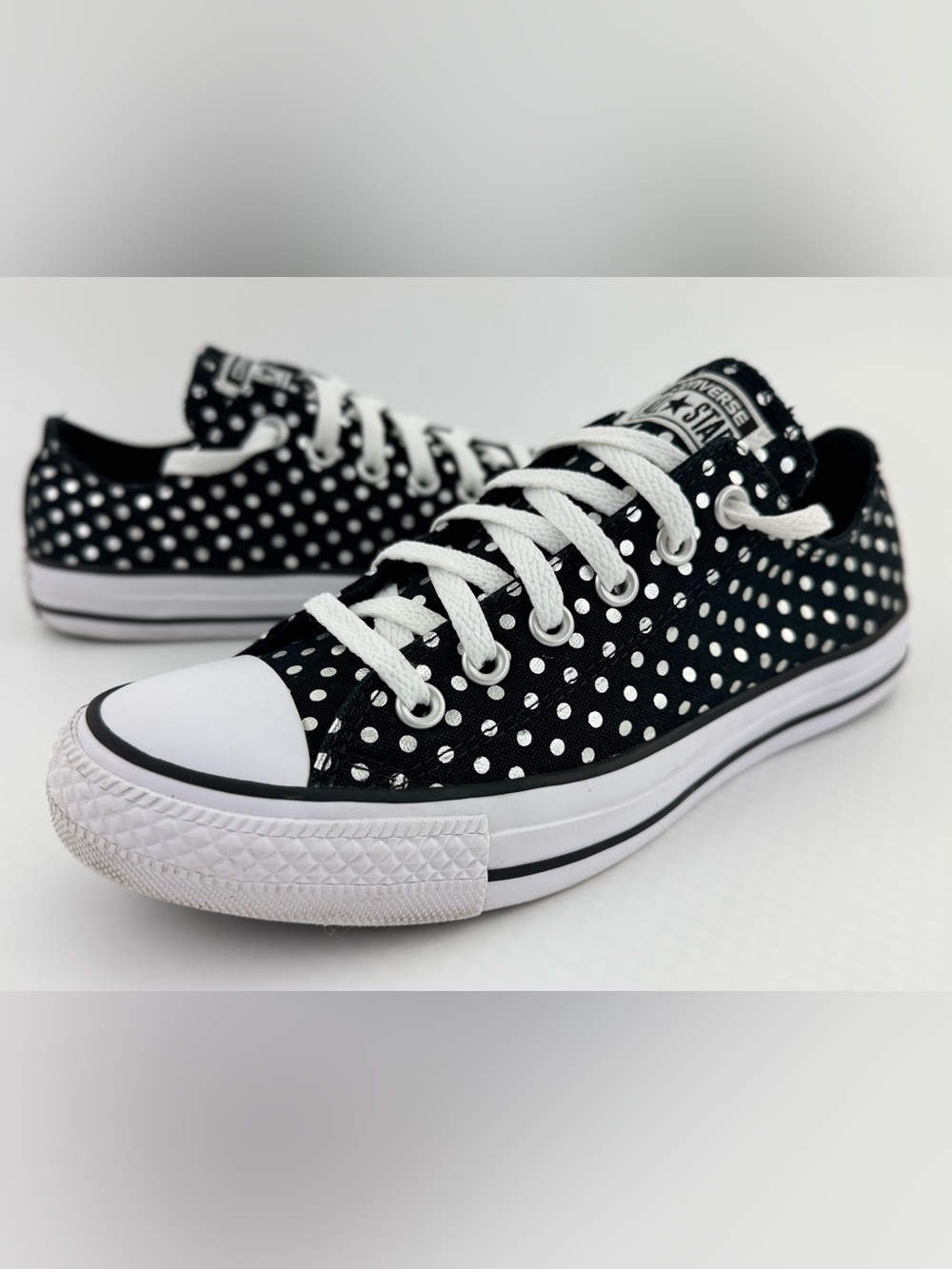 Converse All-Star Black with Silver Polka Dots Low Top, US Size Men 6, WO's 8
